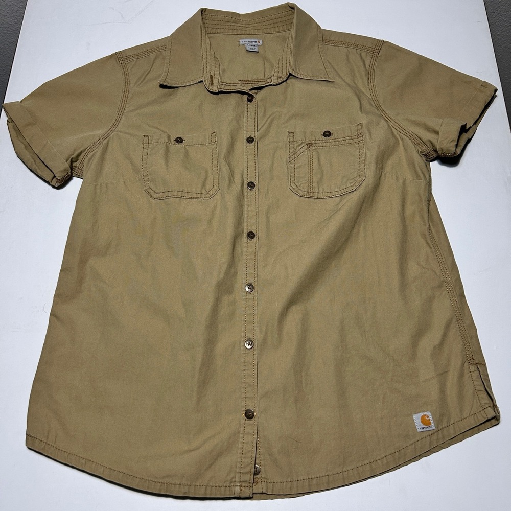 Carhartt Boys Tan Short Sleeve Canvas Button Down Shirt Size L 12/14 Utility